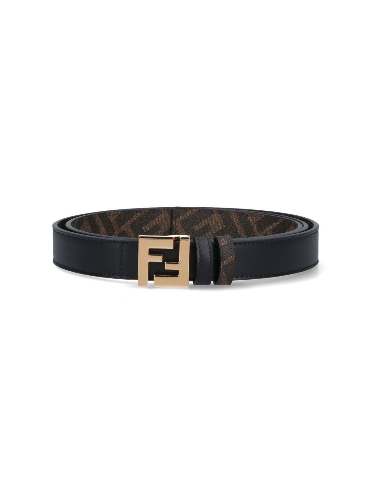 Fendi Cintura reversibile "ff square"-cinture-Fendi-Cintura reversibile Fendi "ff square", in pelle nera da un lato, in tela "ff" dall'altro, fibbia logo dorata, regolabile.-Dresso