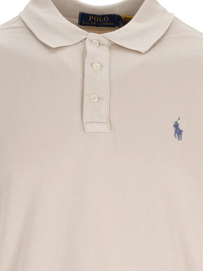 Polo Ralph Lauren Polo logo-t-shirt-Polo Ralph Lauren-Polo logo Polo Ralph Lauren, in cotone beige, colletto classico, bottoni frontali, maniche corte, ricamo logo grigio petto, orlo dritto.-Dresso