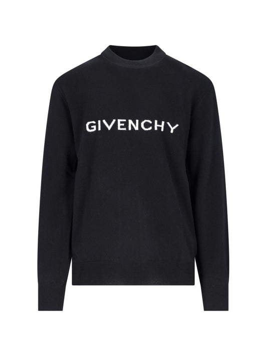 Givenchy Maglione logo-maglioni-Givenchy-Maglione logo Givenchy, in lana nera, girocollo, intarsio logo bianco fronte, finiture a costine, orlo dritto.-Dresso