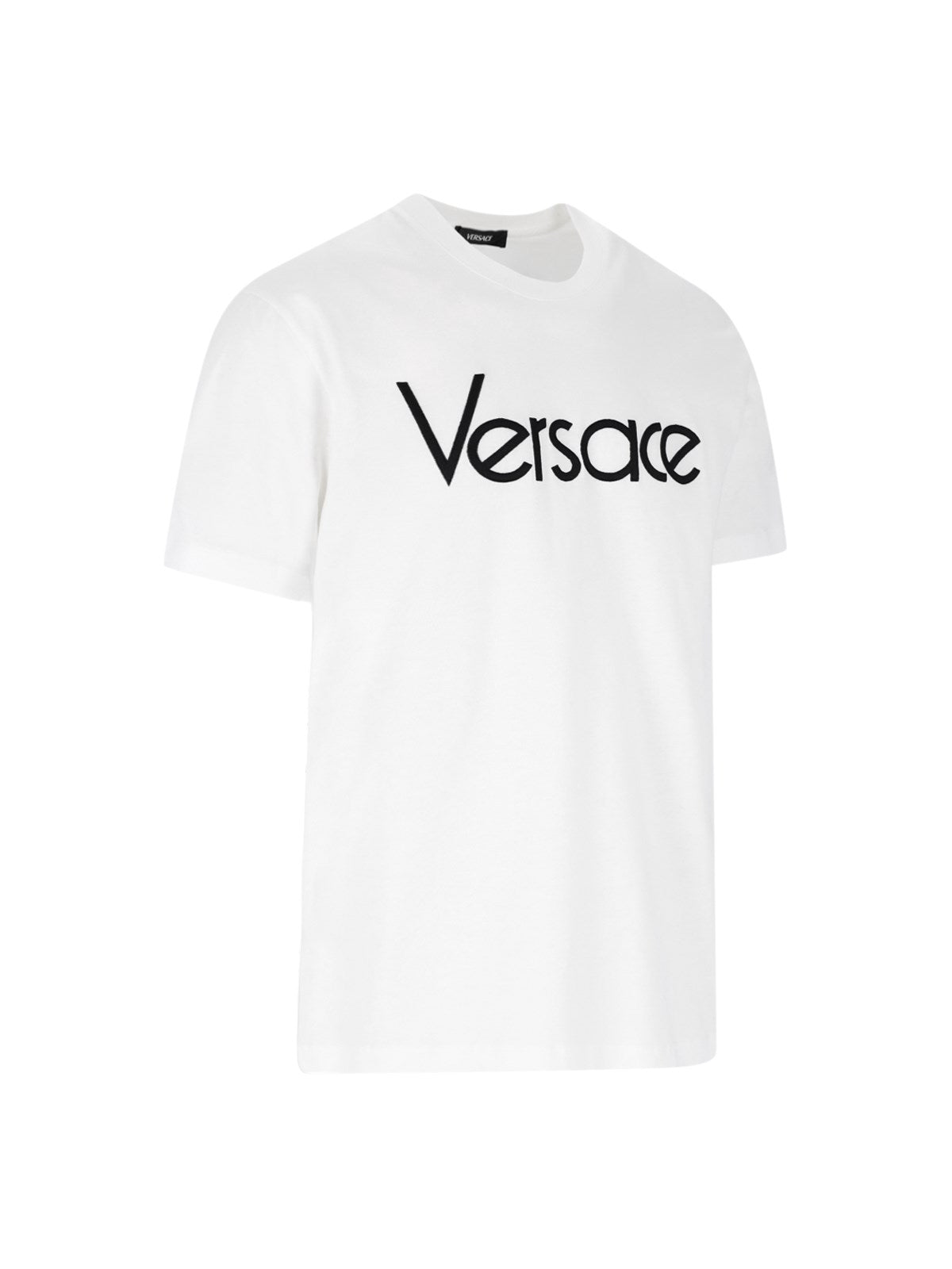 Versace T-Shirt logo-t-shirt-Versace-T-shirt logo Versace, in cotone bianco, girocollo, maniche corte, stampa logo applicata fronte, patch logo applicato fondo, orlo dritto.-Dresso
