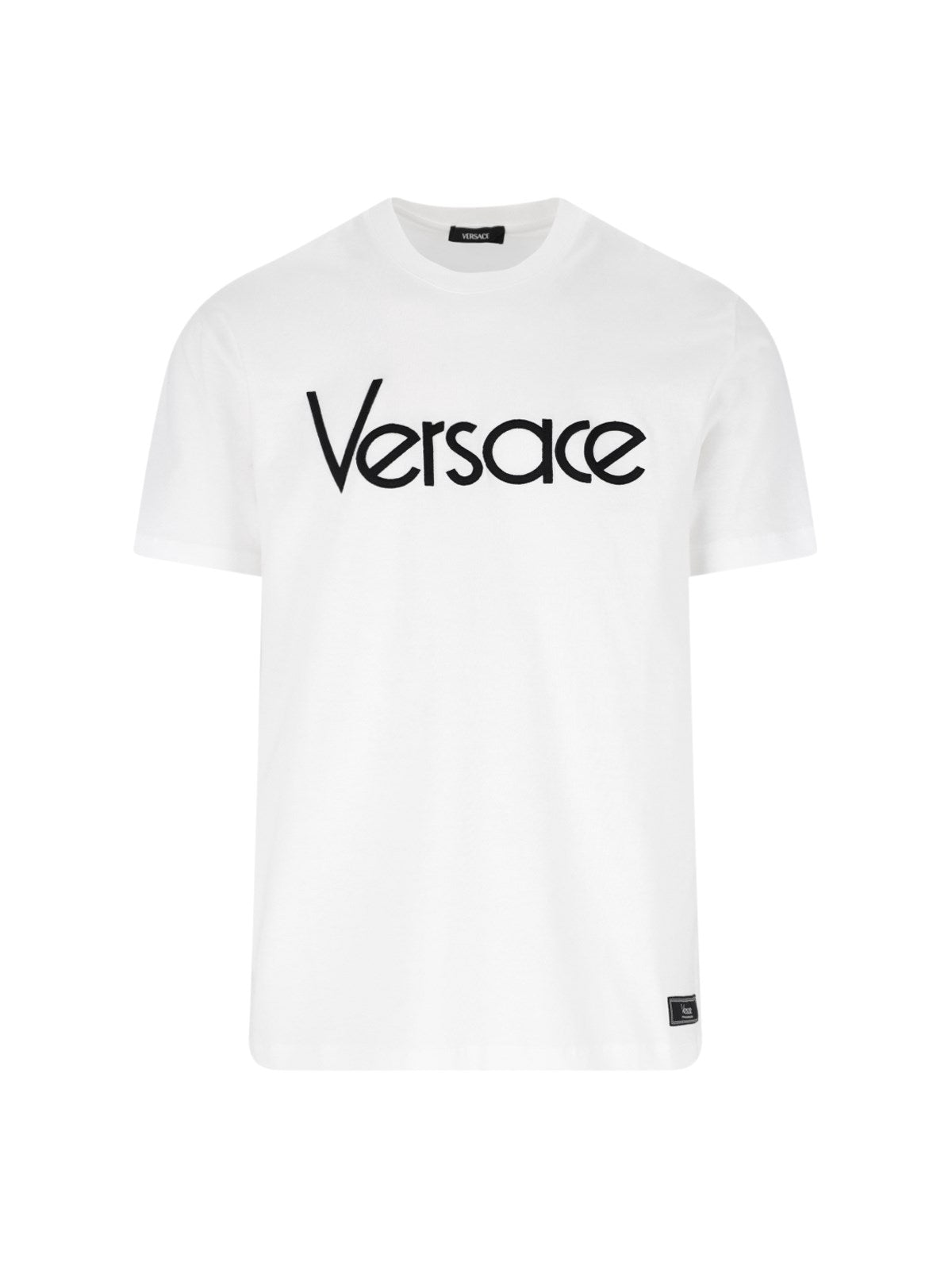 Versace T-Shirt logo-t-shirt-Versace-T-shirt logo Versace, in cotone bianco, girocollo, maniche corte, stampa logo applicata fronte, patch logo applicato fondo, orlo dritto.-Dresso