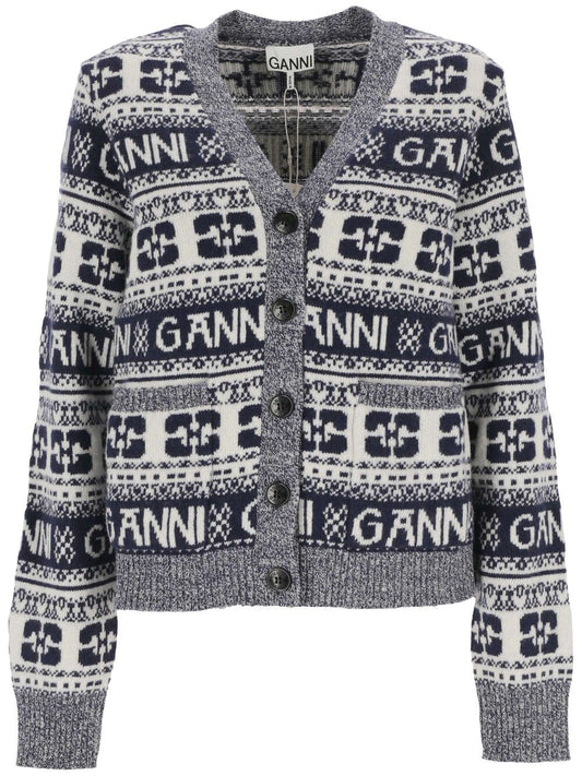 Cardigan with blue/white knit construction with intarsia logo
