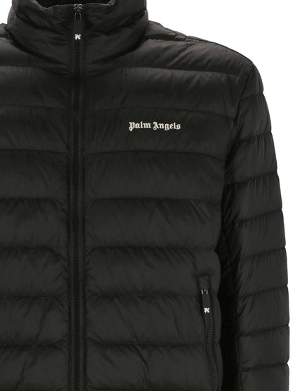 Black down jacket with logo print on the chest