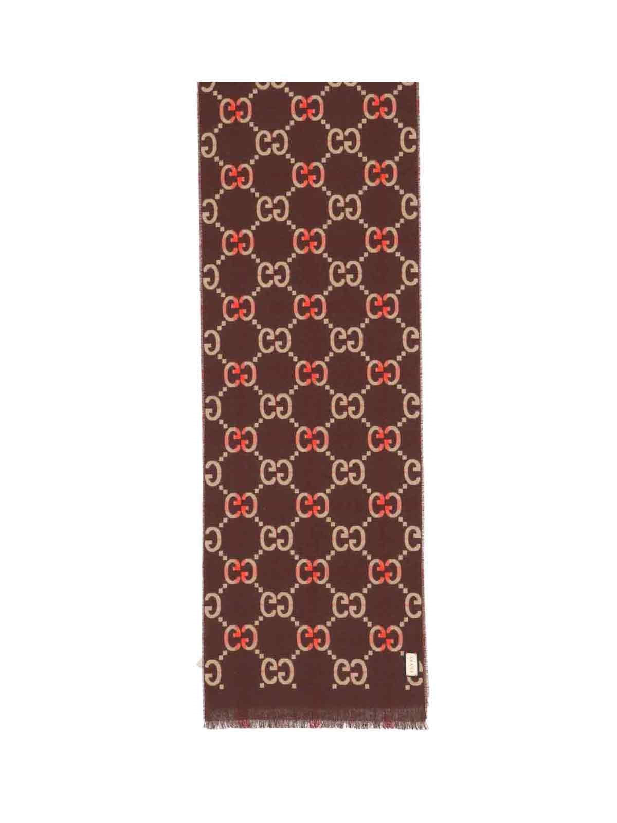 gucci sciarpa "gg" tartan-sciarpe & foulard-Gucci-sciarpa "gg" tartan gucci, in lana beige, dettagli marroni e rossi, pattern logo all-over, orlo a taglio vivo. codice prodotto 721563 4gae82179 made in: italia - 100% lana - Dresso