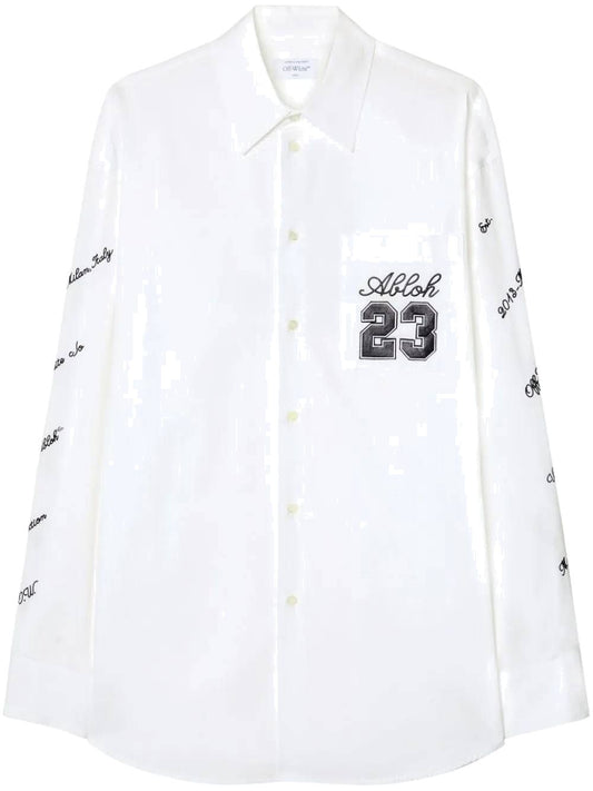 Shirt with embroidered logo patch in white cotton