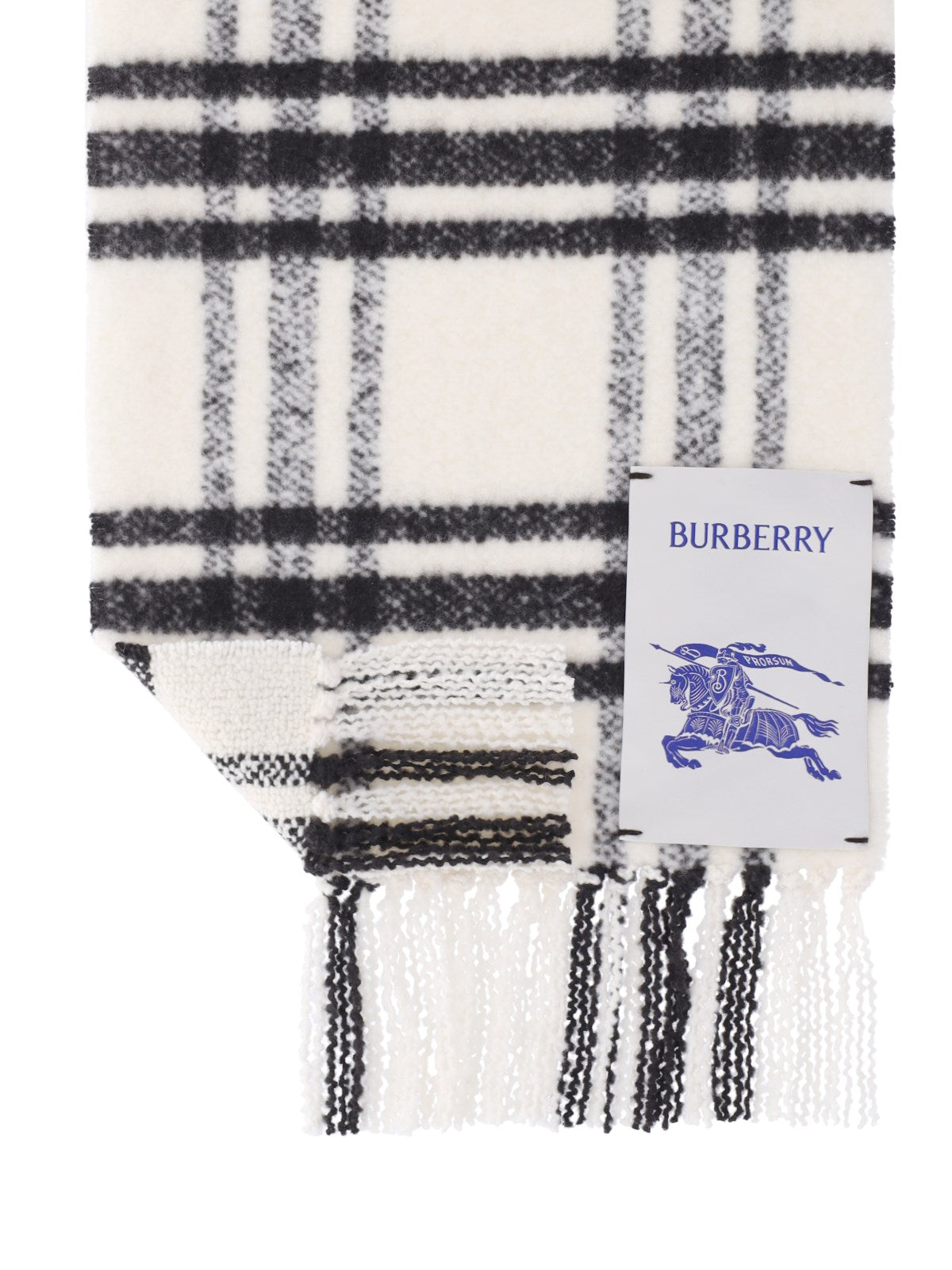 burberry sciarpa motivo check-sciarpe & foulard-Burberry-sciarpa motivo check burberry, in lana bianca, motivo dettagli neri, etichetta logo fronte, design con frange. codice prodotto 8079781b7326 composizione: 100% lana merino dimensioni/vestibilità: a 168 x l 30 cm made in: italia - Dresso