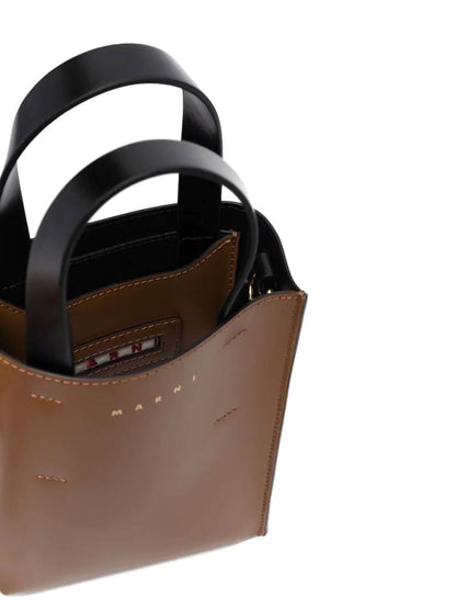 Brown/black two-tone leather tote bag