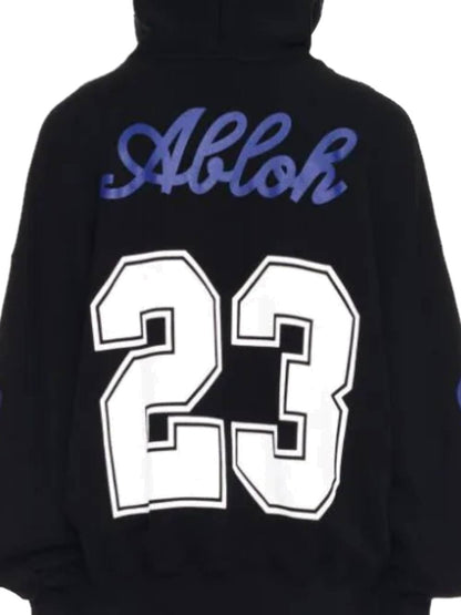 hood with drawstring in black/white/purple cotton