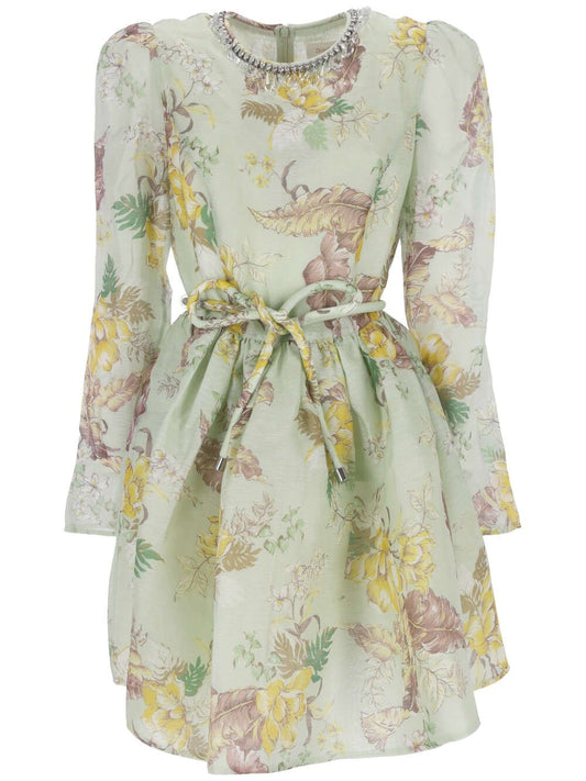 all-over floral print in green linen-silk blend