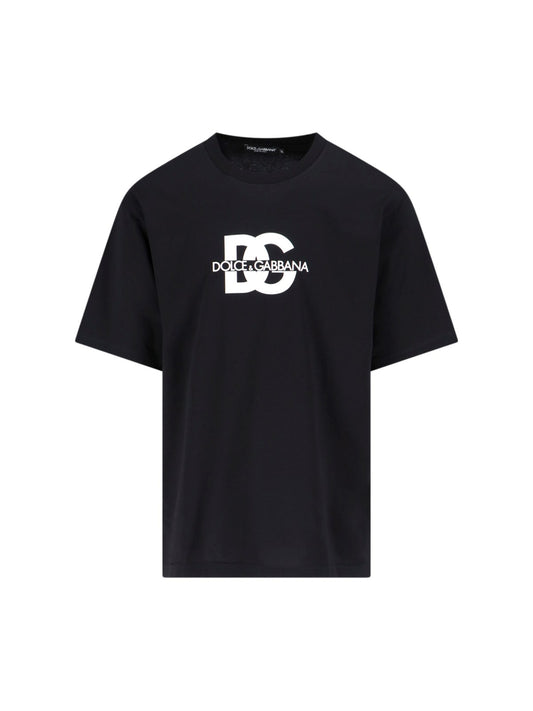 Dolce & Gabbana T-Shirt logo-t-shirt-Dolce & Gabbana-T-shirt logo Dolce & Gabbana, in cotone nero, girocollo, maniche corte stampa logo bianco fronte, orlo dritto.-Dresso