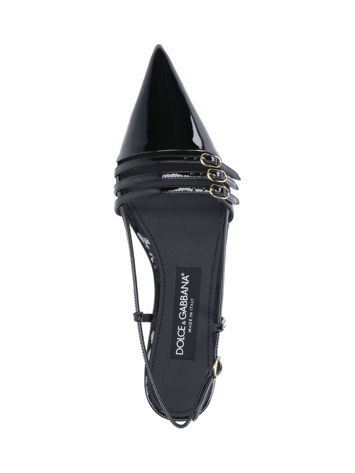 Dolce & Gabbana Slingback dettaglio cinturini-sandali bassi-Dolce & Gabbana-Slingback dettaglio cinturini Dolce & Gabbana, in pelle verniciata nera, a punta, dettaglio cinturini regolabili superiori e retro, suola in cuoio.-Dresso