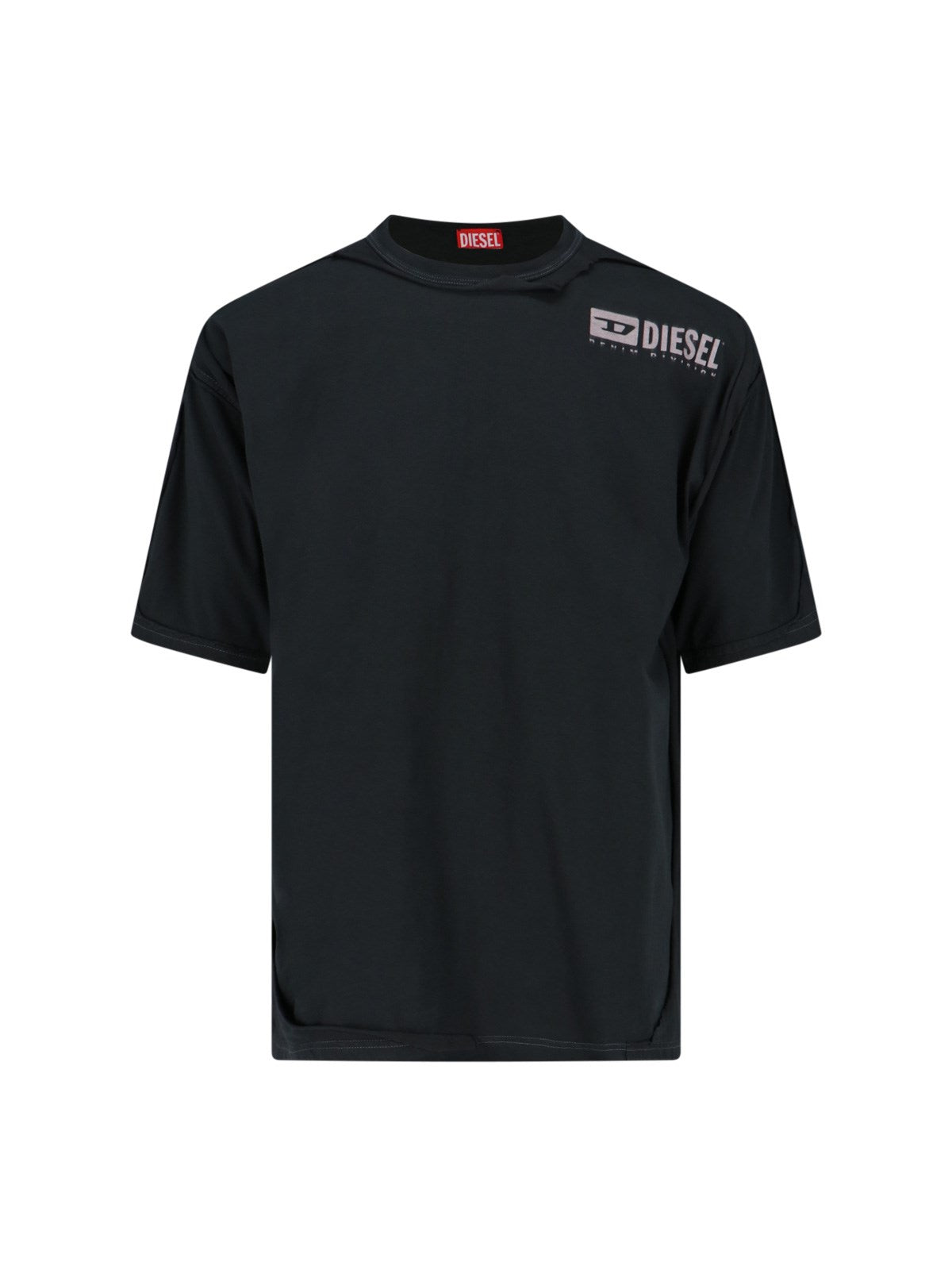Diesel T-Shirt "t-box-dbl"-t-shirt-Diesel-T-shirt "t-box-dbl" Diesel, in cotone nero, girocollo, maniche corte, dettagli destroyed, stampa logo grigio fronte, orlo dritto.-Dresso