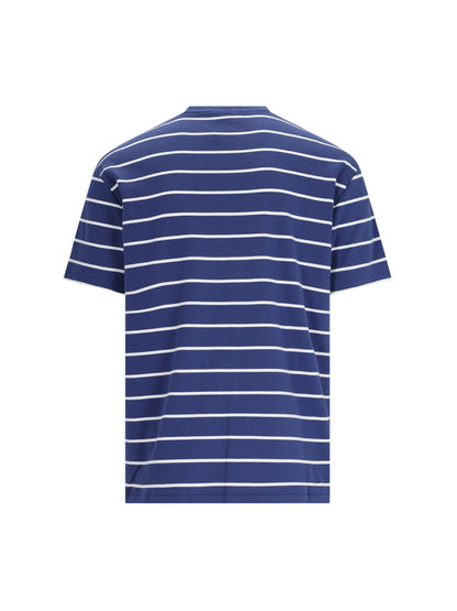 Polo Ralph Lauren T-Shirt logo-t-shirt-Polo Ralph Lauren-T-shirt logo Polo Ralph Lauren, in cotone blu, design a righe dettagli bianchi, girocollo, maniche corte, ricamo logo bianco petto, orlo dritto.-Dresso