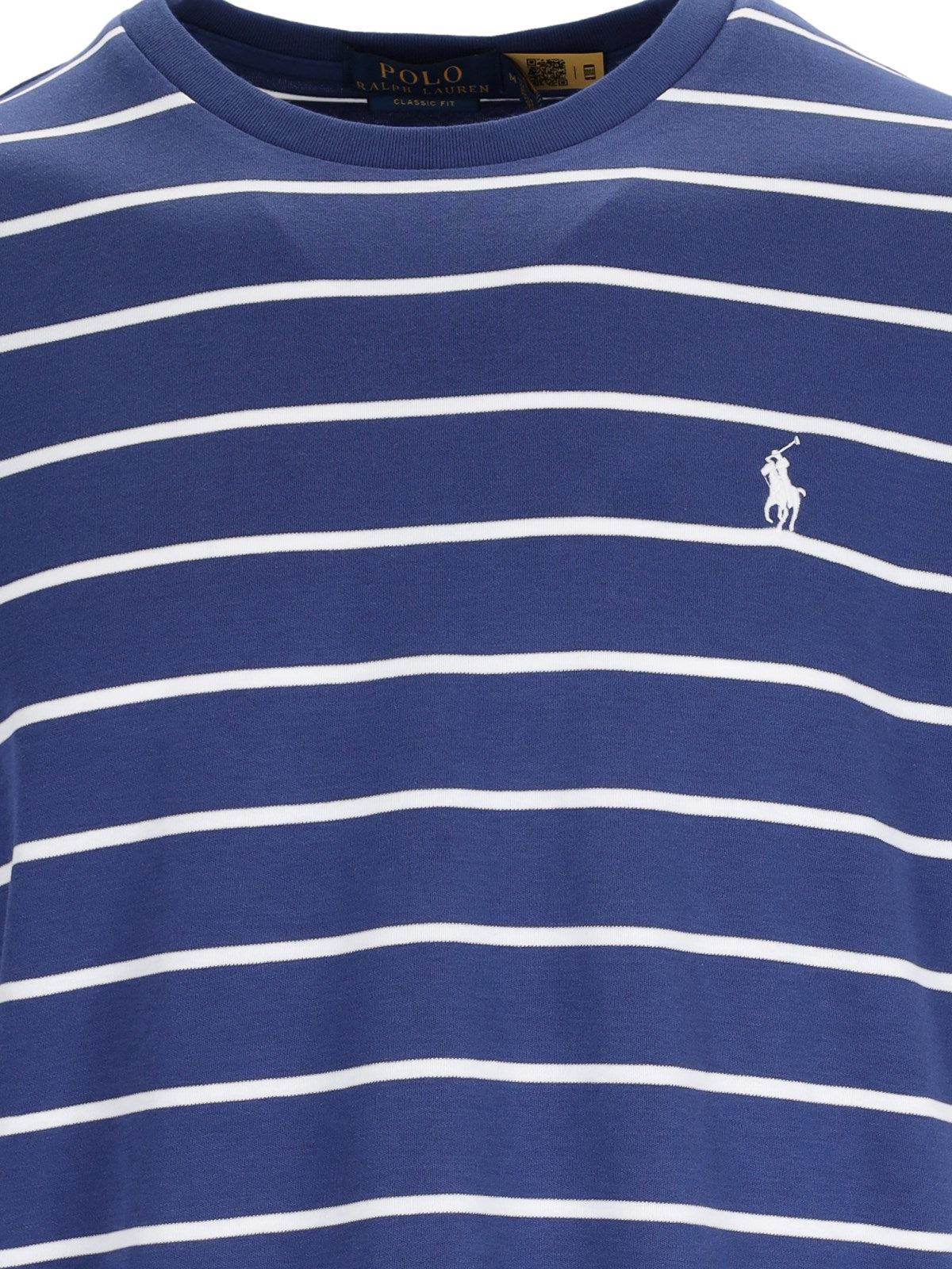 Polo Ralph Lauren T-Shirt logo-t-shirt-Polo Ralph Lauren-T-shirt logo Polo Ralph Lauren, in cotone blu, design a righe dettagli bianchi, girocollo, maniche corte, ricamo logo bianco petto, orlo dritto.-Dresso