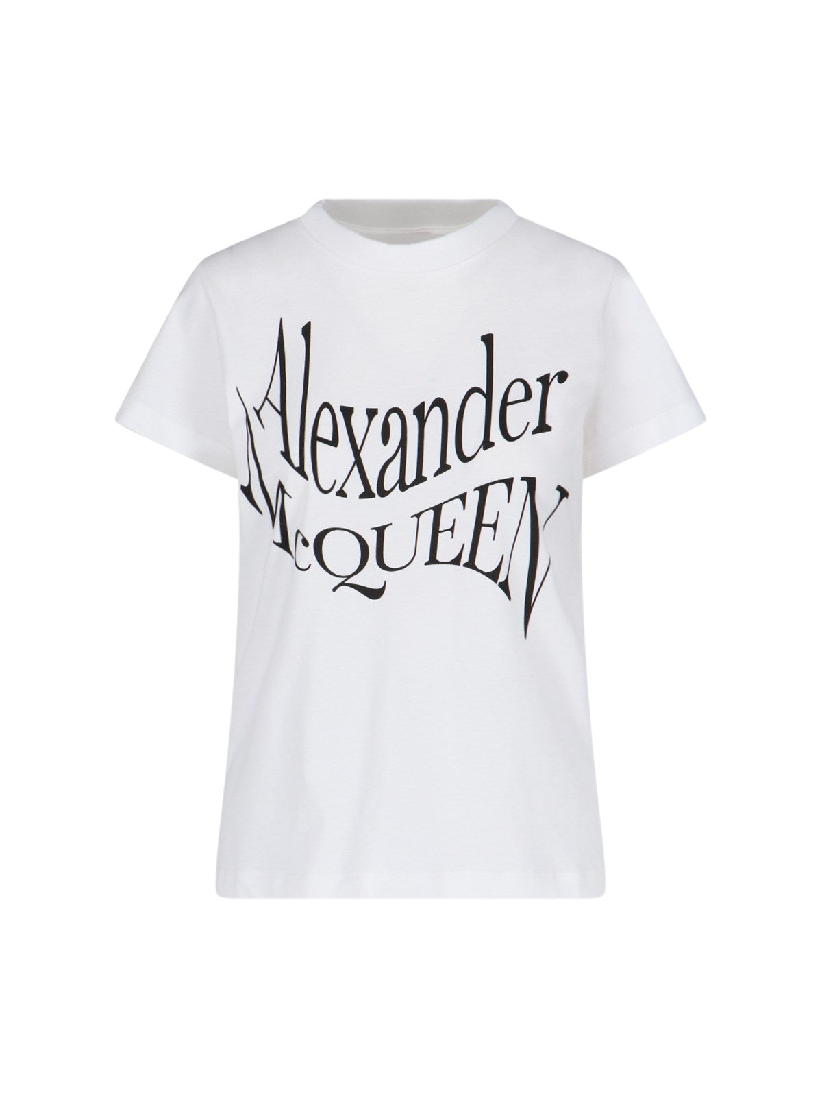 Alexander McQueen T-Shirt Logo-t-shirt-Alexander McQueen-T-shirt logo Alexander McQueen, in cotone bianco, girocollo, maniche corte, stampa logo nero fronte, orlo dritto.-Dresso
