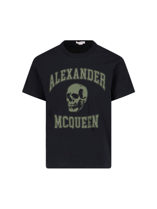 Alexander McQueen T-Shirt "varsity"-t-shirt-Alexander McQueen-T-shirt "varsity" Alexander McQueen, in cotone nero, girocollo, maniche corte, maxi stampa logo e teschio verde fronte, orlo dritto.-Dresso