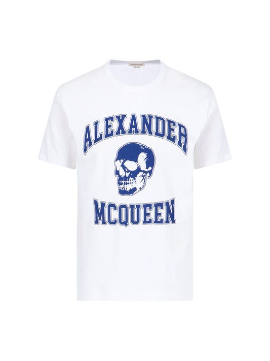 Alexander McQueen T-Shirt "varsity"-t-shirt-Alexander McQueen-T-shirt "varsity" Alexander McQueen, in cotone bianco, girocollo, maniche corte, maxi stampa logo e teschio blu fronte, orlo dritto.-Dresso