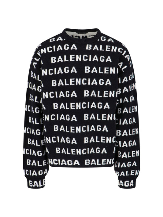 Balenciaga Maglione logo all-over-maglioni-Balenciaga-Maglione logo all-over Balenciaga, in misto lana nero, girocollo, spalle scese, dettaglio logo a contrasto all-over, finiture a costine, orlo dritto.-Dresso