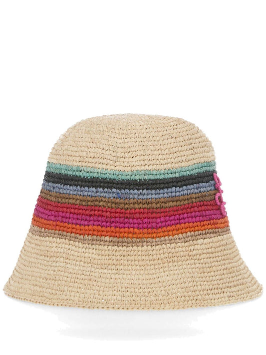 Beige/multicoloured straw raffia hat