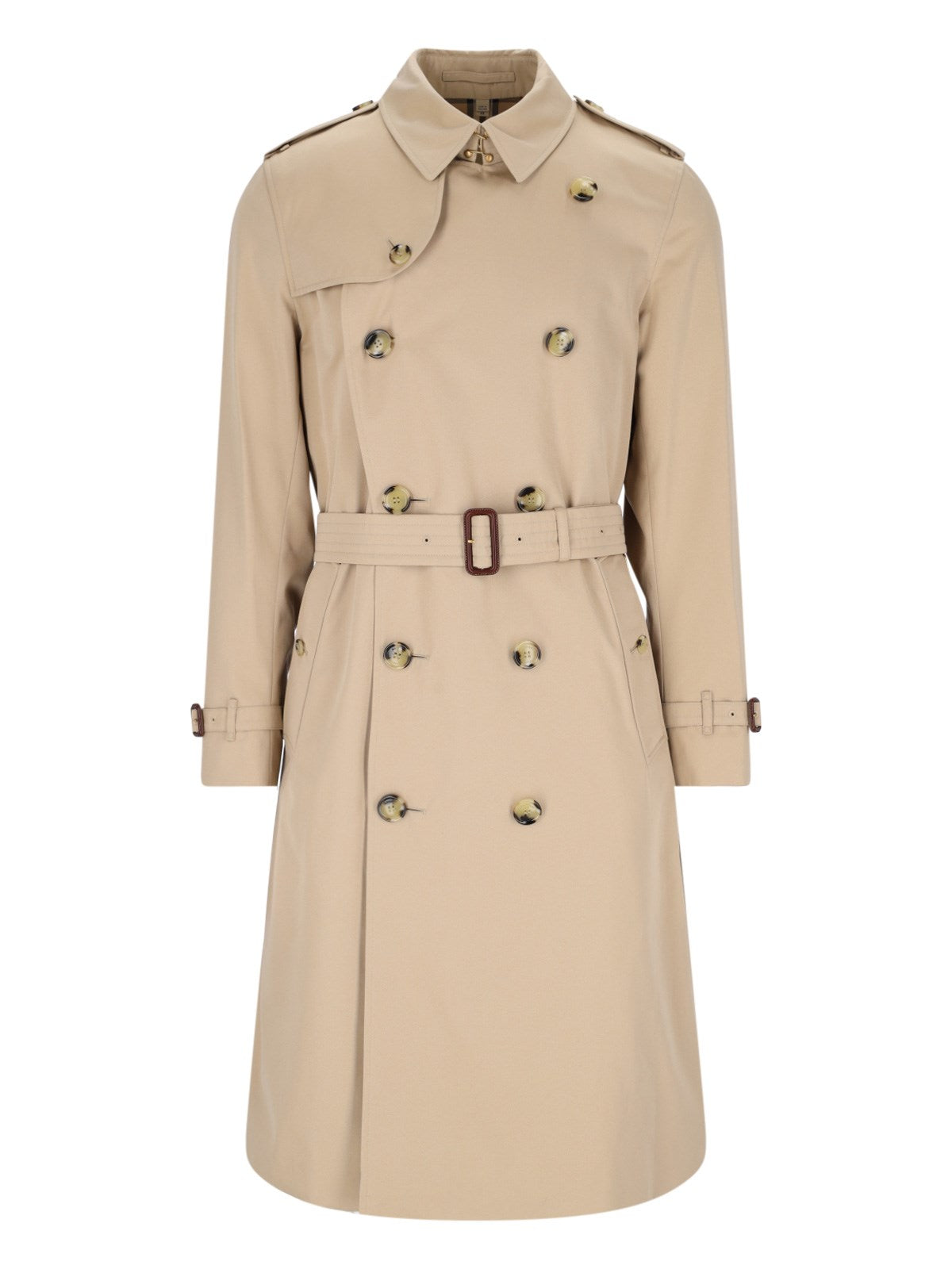 Burberry Trench doppiopetto-Trench-Burberry-Trench doppiopetto Burberry, in cotone beige, colletto classico, cinturini regolabili polsini, chiusura bottoni e cintura regolabile vita, due tasche bottoni laterali, spacco centrale retro, orlo dritto.-Dresso