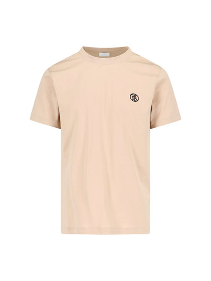 Burberry T-Shirt logo-t-shirt-Burberry-T-shirt logo Burberry, in cotone beige, girocollo, maniche corte, ricamo logo petto, orlo dritto.-Dresso