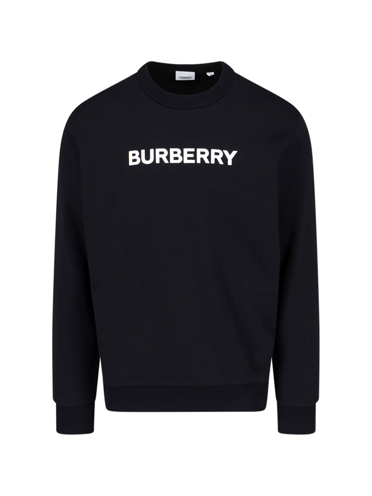 Burberry Felpa girocollo logo-felpe girocollo-Burberry-Felpa girocollo logo Burberry, in cotone nero, stampa logo bianco fronte, finiture a costine, orlo dritto.-Dresso
