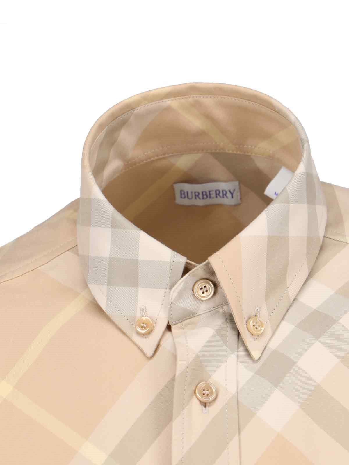 Burberry Camicia check-camicie-Burberry-Camicia check Burberry, in cotone beige, dettagli bianchi e grigi, colletto button-down, maniche corte, chiusura bottoni, ricamo logo petto, orlo curvo.-Dresso
