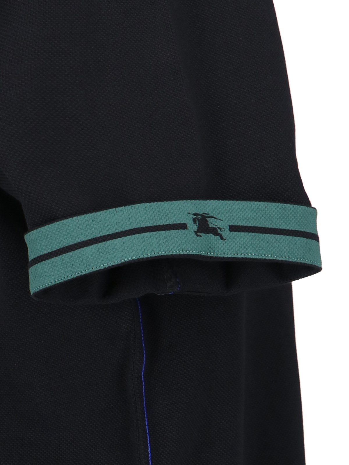 Burberry T-Shirt polo-t-shirt-Burberry-T-shirt polo Burberry, in cotone nero, colletto classico, bottone fronte, dettagli verdi maniche, cuciture blu laterali, orlo dritto.-Dresso