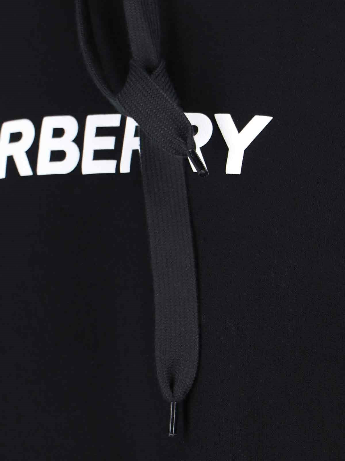 Burberry Felpa Cappuccio logo-felpe con cappuccio-Burberry-Felpa cappuccio logo Burberry, in cotone nero, coulisse, stampa logo bianco fronte, una tasca maxi fronte, finiture a costine, orlo dritto.-Dresso