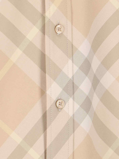 Burberry Camicia check-camicie-Burberry-Camicia check Burberry, in cotone beige, dettagli bianchi e grigi, colletto button-down, maniche corte, chiusura bottoni, ricamo logo petto, orlo curvo.-Dresso