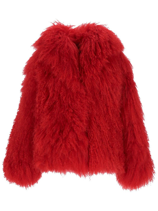 Red fur coat with shawl collar