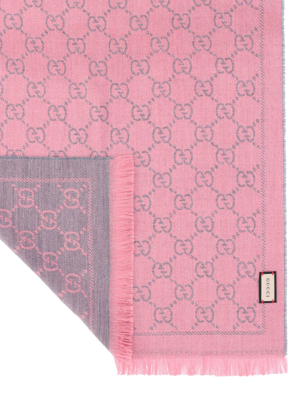 gucci sciarpa reversibile "gg"-sciarpe & foulard-Gucci-sciarpa reversibile "gg" gucci, in lana grigia da un lato, rosa dall'altro, motivo logo all-over, frange su fondo. codice prodotto 133483 3g2001272 composizione: 100% lana dimensioni/vestibilità: a 180 x l 48 cm made in: italia - Dresso