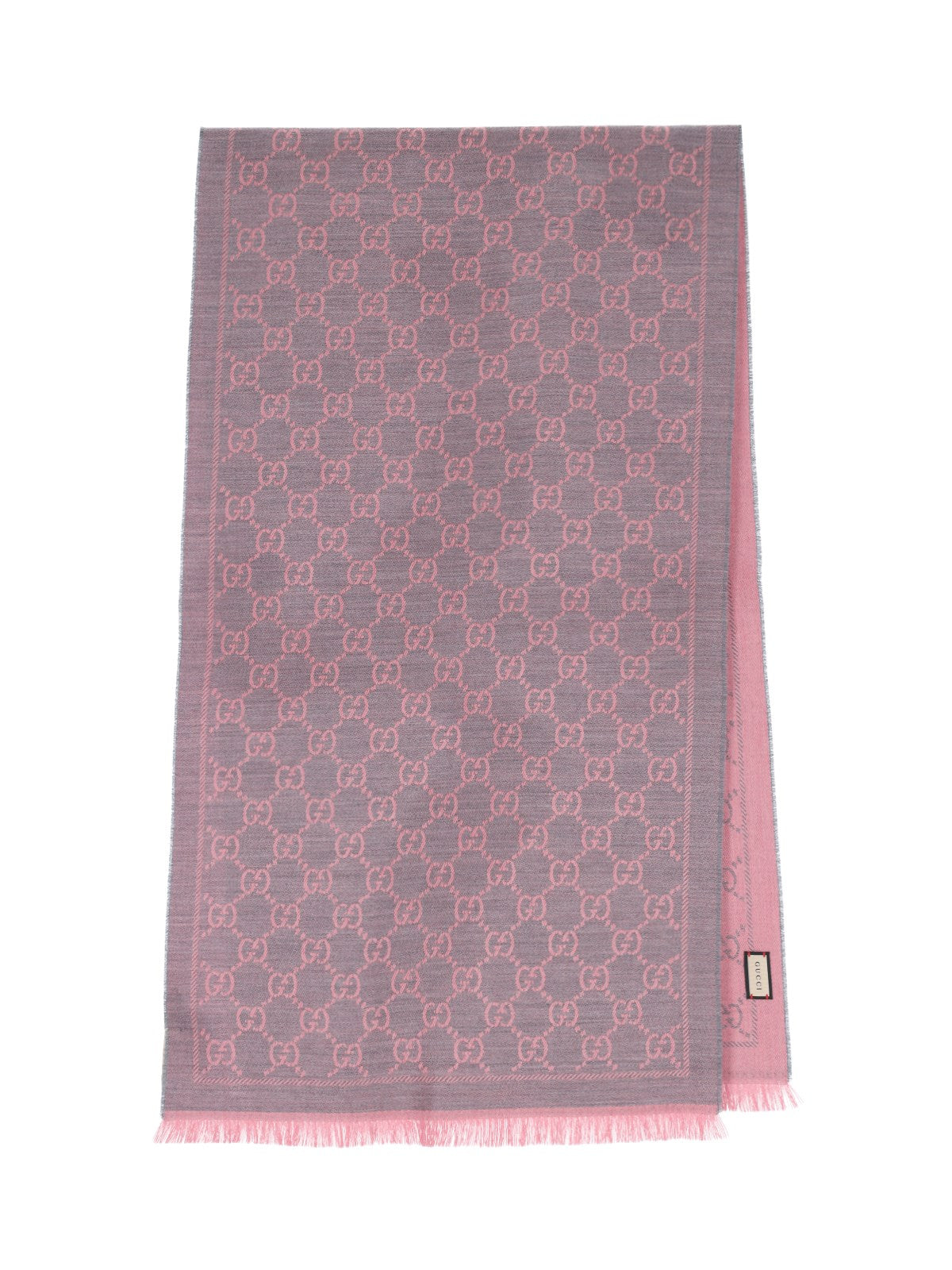 gucci sciarpa reversibile "gg"-sciarpe & foulard-Gucci-sciarpa reversibile "gg" gucci, in lana grigia da un lato, rosa dall'altro, motivo logo all-over, frange su fondo. codice prodotto 133483 3g2001272 composizione: 100% lana dimensioni/vestibilità: a 180 x l 48 cm made in: italia - Dresso