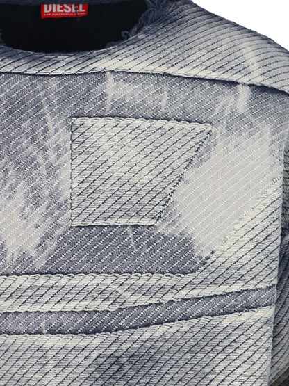 Diesel Maglione sfrangiato-maglioni-Diesel-Maglione sfrangiato Diesel, in cotone grigio, girocollo, dettagli usured, pattern effetto denim, stampa logo tono su tono fronte, finiture costine, orlo dritto.-Dresso