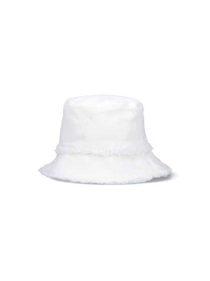 miu miu cappello bucket logo-cappelli-Miu Miu-cappello bucket logo miu miu, in cotone bianco, dettagli sfrangiati, logo tono su tono fronte. codice prodotto 5hc196 2cl4f0009 composizione: 100% cotone made in: italia - Dresso