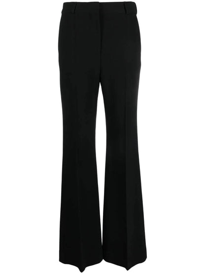 black crêpe structure, pressed pleat, high-waisted belt loops