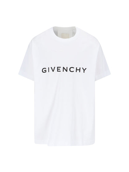 Givenchy T-Shirt logo-t-shirt-Givenchy-T-shirt logo Givenchy, in cotone bianco, girocollo, maniche corte, stampa logo lettering nero fronte, stampa "4g" nera retro, orlo dritto.-Dresso