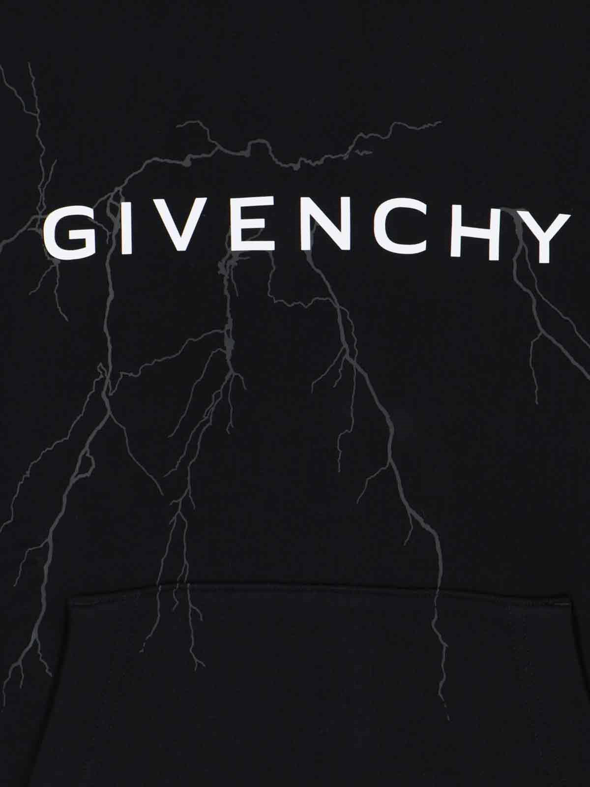 Givenchy Felpa cappuccio logo-felpe con cappuccio-Givenchy-Felpa cappuccio logo Givenchy, in cotone nero, coulisse, stampa logo a contrato fronte, dettaglio stampa fulmini fronte, una maxi tasca frontale, orlo dritto.-Dresso