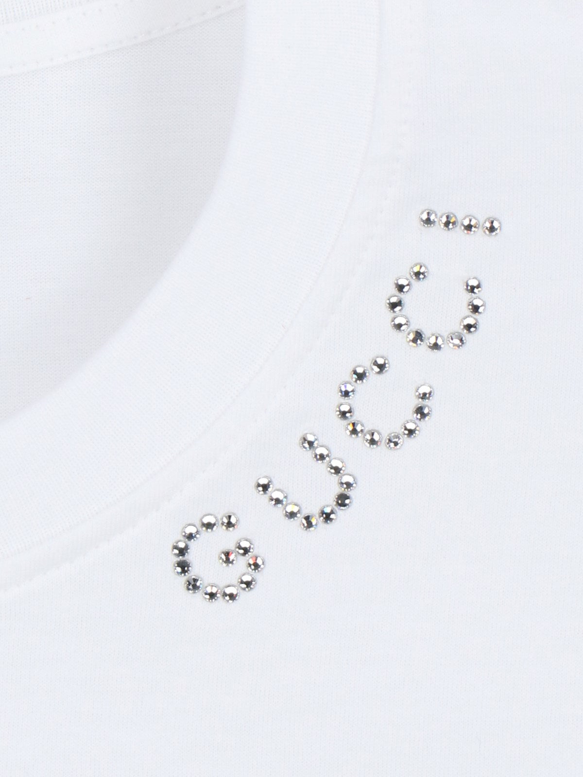 Gucci T-Shirt logo-t-shirt-Gucci-T-shirt logo Gucci, in cotone bianco, girocollo, maniche corte, dettaglio logo cristallo, orlo dritto.-Dresso
