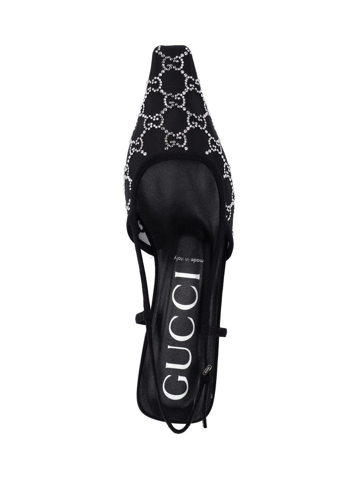 Gucci Slingback logo cristalli-sandali bassi-Gucci-Sligback logo cristalli Gucci, in mesh nero, motivo logo cristalli all-over, finiture in suede, a punta, vestibilità slip-on, cinturino regolabile posteriore, suola in cuoio.-Dresso