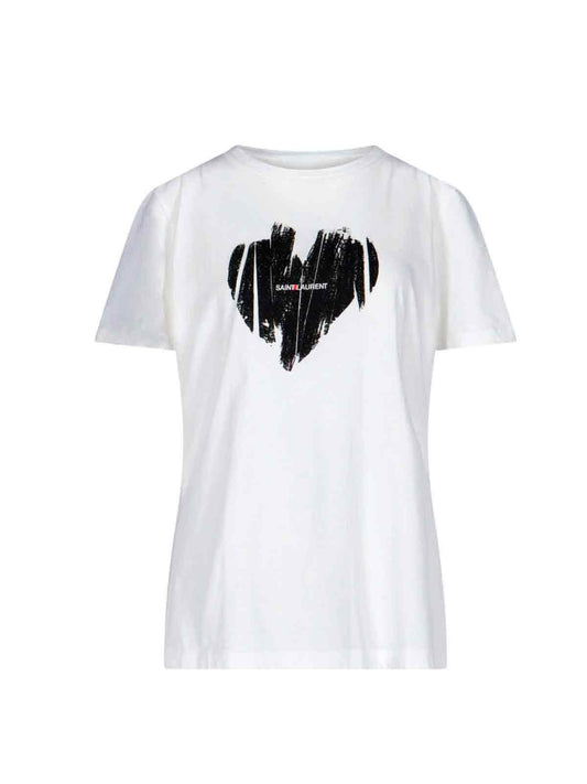 Saint Laurent T-Shirt stampa cuore-t-shirt-Saint Laurent-T-shirt stampa cuore Saint Laurent, in cotone bianco, girocollo, maniche corte, stampa cuore nero con logo a contrasto fronte, orlo dritto.-Dresso