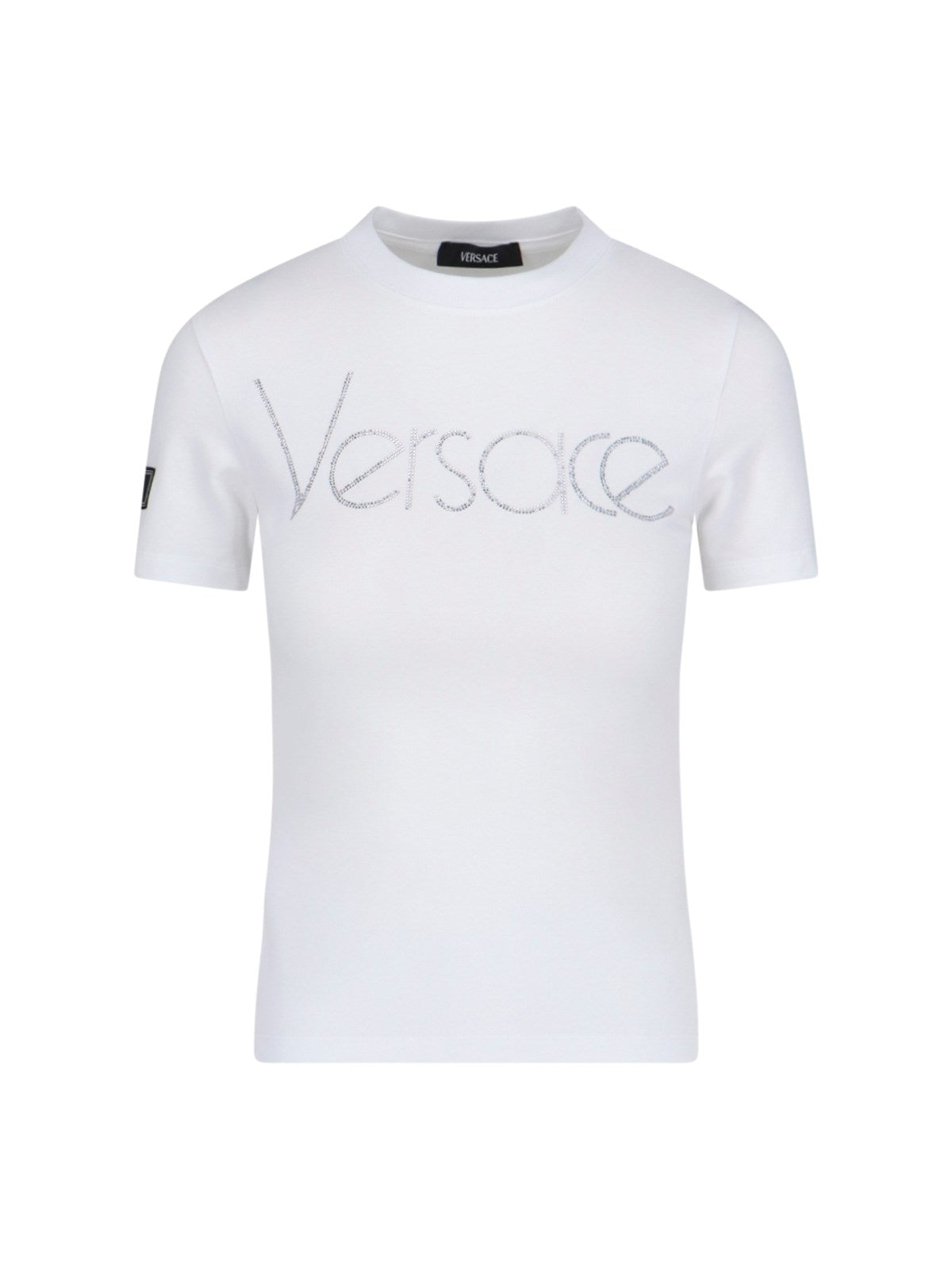 Versace T-Shirt "1978 Re-Edition Logo"-t-shirt-Versace-T-shirt "1978 re-edition logo" Versace, in misto cotone bianco, girocollo, maniche corte, dettaglio etichetta a contrasto applicata manica, logo cristalli fronte, orlo dritto.-Dresso