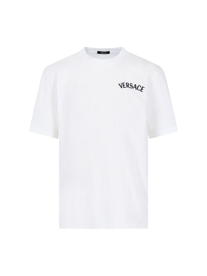 Versace T-Shirt "Milano stamp"-t-shirt-Versace-T-shirt "Milano stamp" Versace, in cotone bianco, ricamo logo nero fronte e retro, orlo dritto.-Dresso