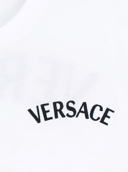 Versace T-Shirt "Milano stamp"-t-shirt-Versace-T-shirt "Milano stamp" Versace, in cotone bianco, ricamo logo nero fronte e retro, orlo dritto.-Dresso